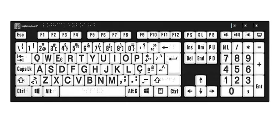 Teclado Ampliado e Braille NERO PC USB Letras Pretas Fundo Branco